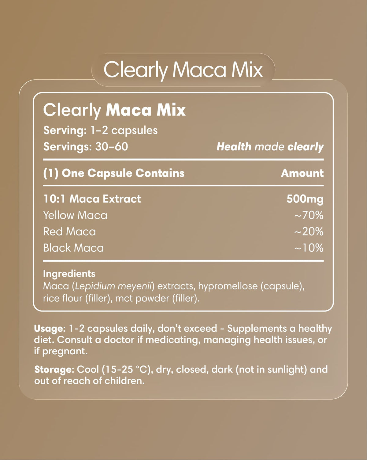 Clearly Maca Mix capsules label showing the product name, branding, and nutritional information on the packaging.